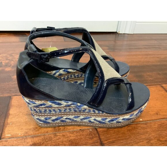 Tory Burch Navy Blue Patent Leather Tribal Espadrille Jute Wedge Sandals Size 9 - Picture 1 of 7